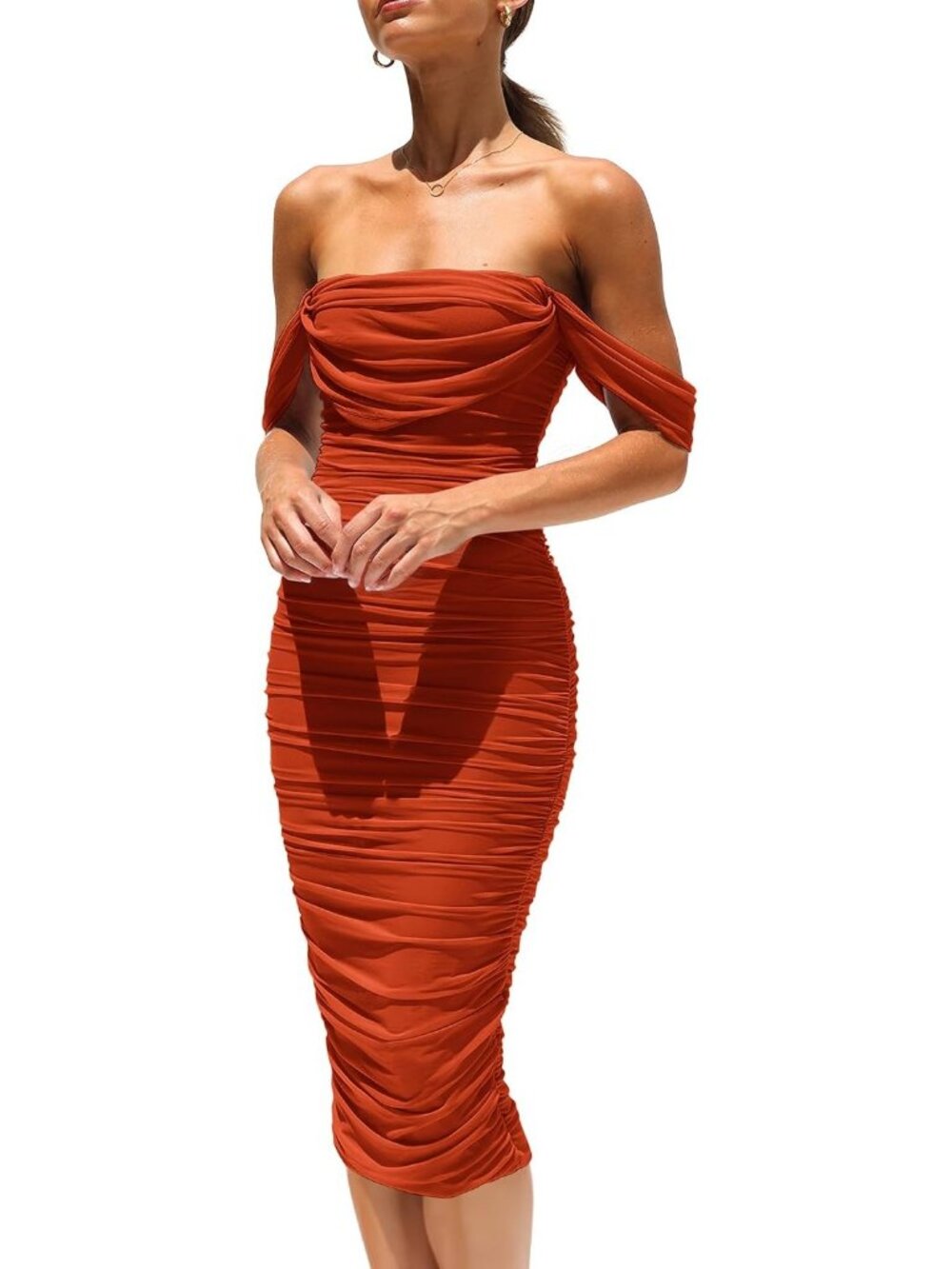 Women's Rust Red Off Shoulder Bodycon Tube Midi Dress Stretchy Mesh Party Outfit